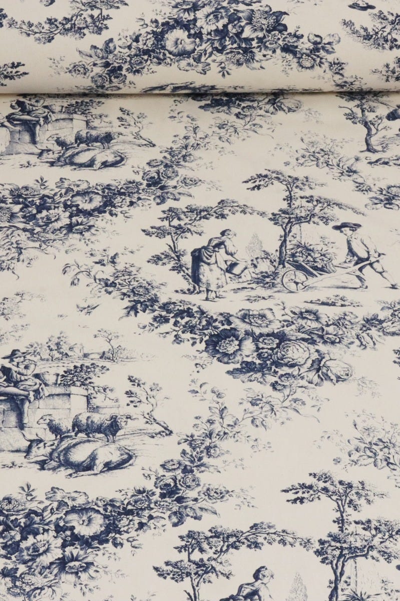 Amelie Pastoral Toile Blue on Cream Double Width Fabric - Image 2