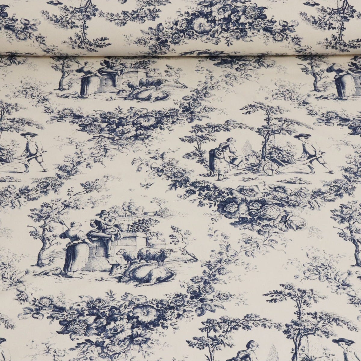 Amelie Pastoral Toile Blue on Cream Double Width Fabric - Image 4