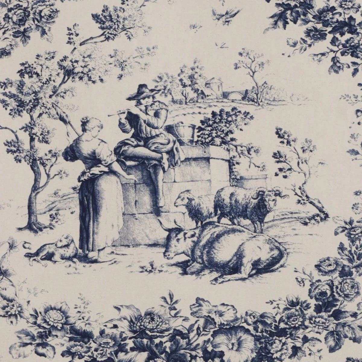 Amelie Pastoral Toile Blue on Cream Double Width Fabric - Image 7