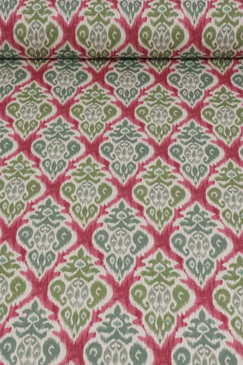 Chess Designs Arlo Olive Fuchsia Ikat Fabric - Image 2