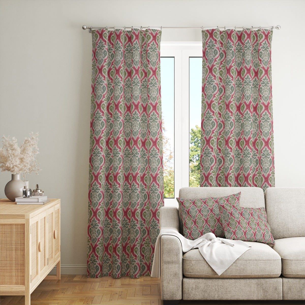 Chess Designs Arlo Olive Fuchsia Ikat Fabric - Image 3