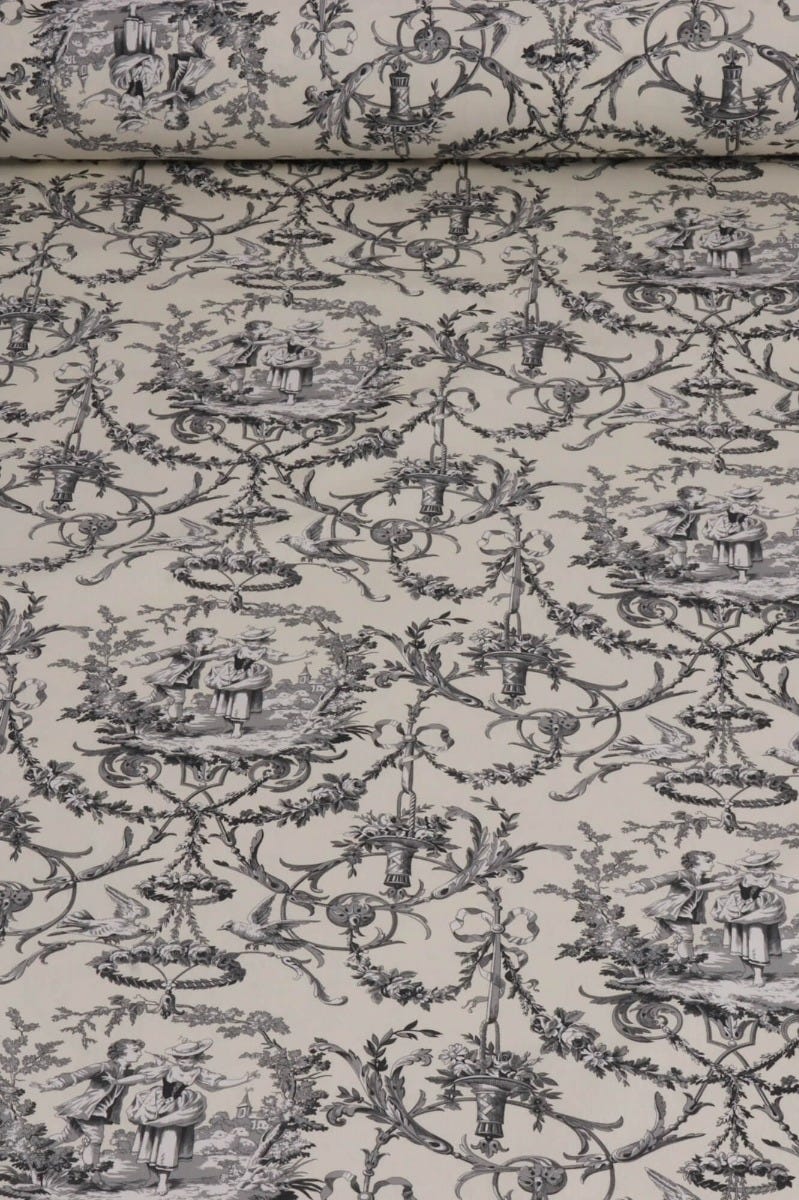 Double Width Fragonard Toile Charcoal on Cream Fabric - Image 2