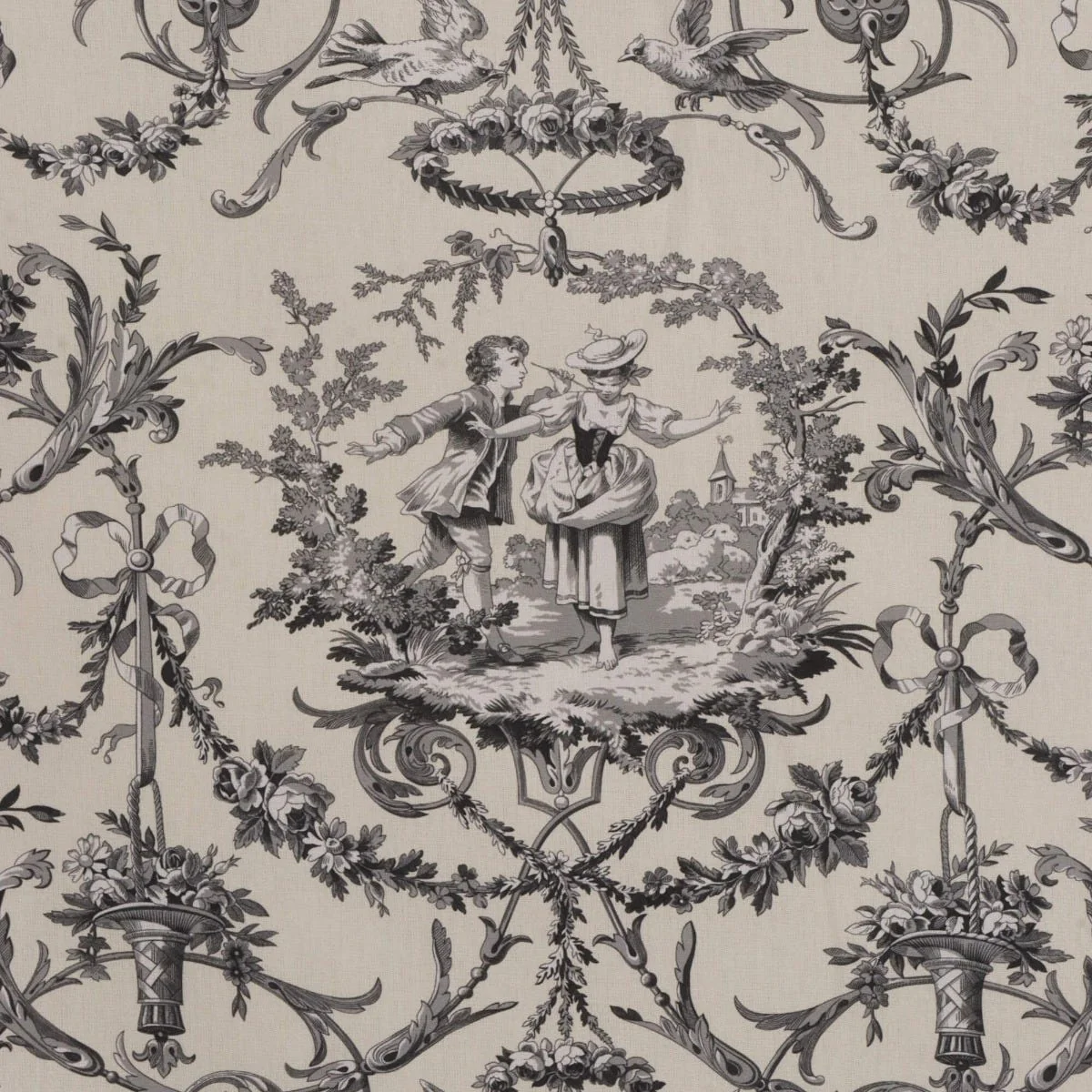 Double Width Fragonard Toile Charcoal on Cream Fabric - Image 5