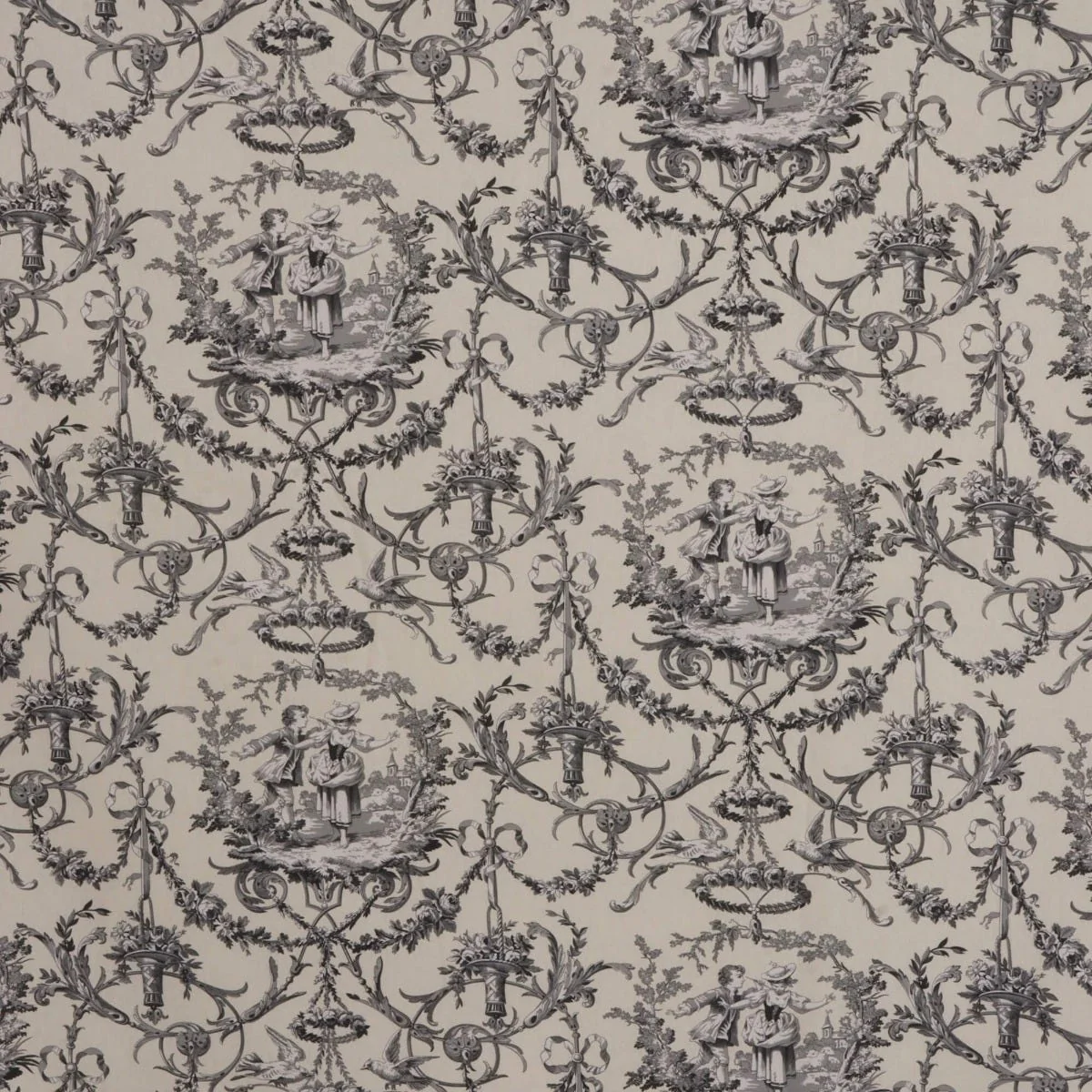 Double Width Fragonard Toile Charcoal on Cream Fabric - Image 6