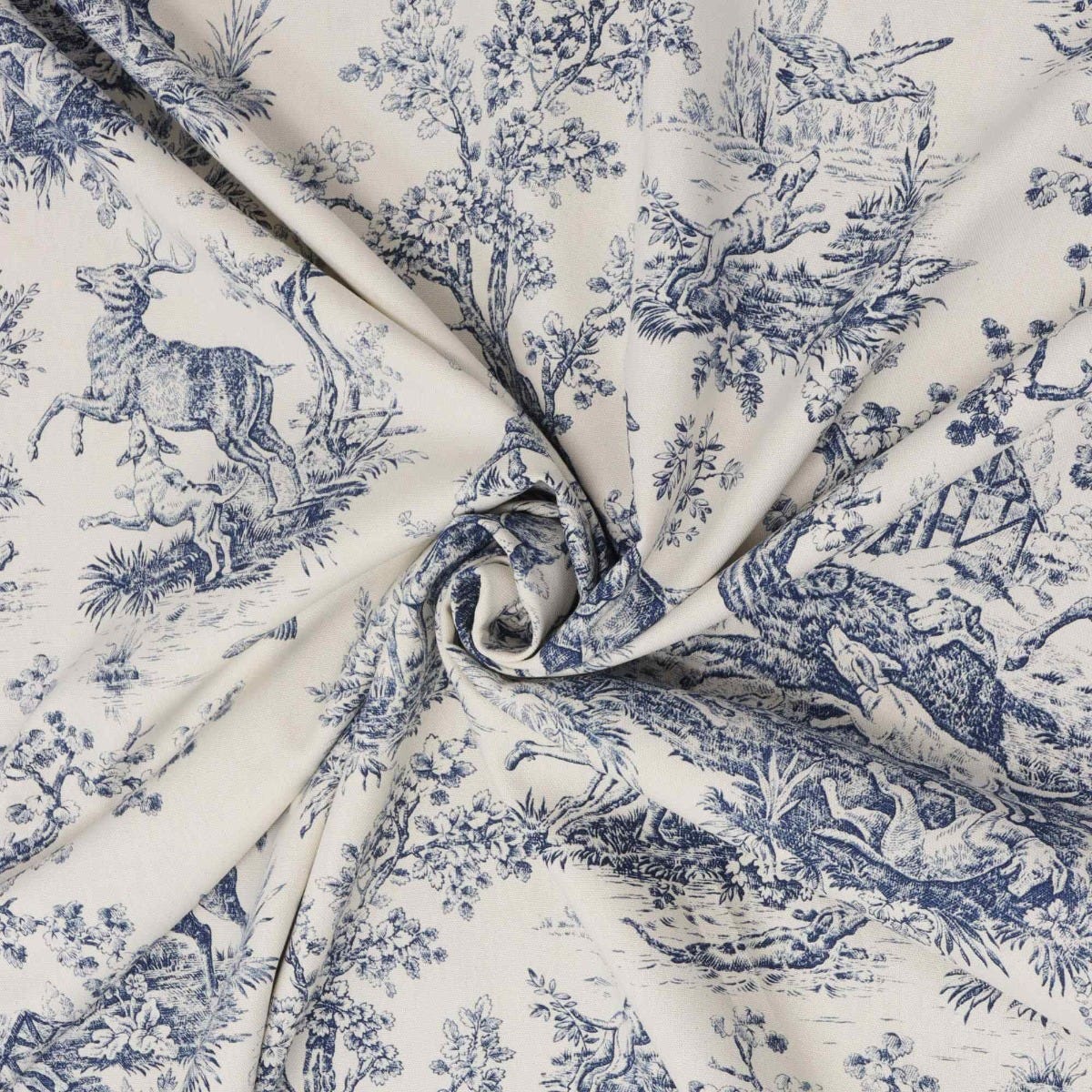 Double Width French Hunting Toile Blue On White Fabric - Image 3