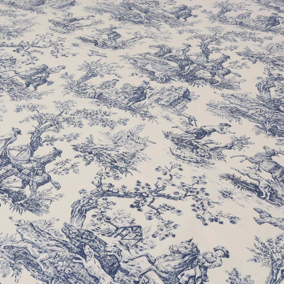 Double Width French Hunting Toile Blue On White Fabric - Image 4