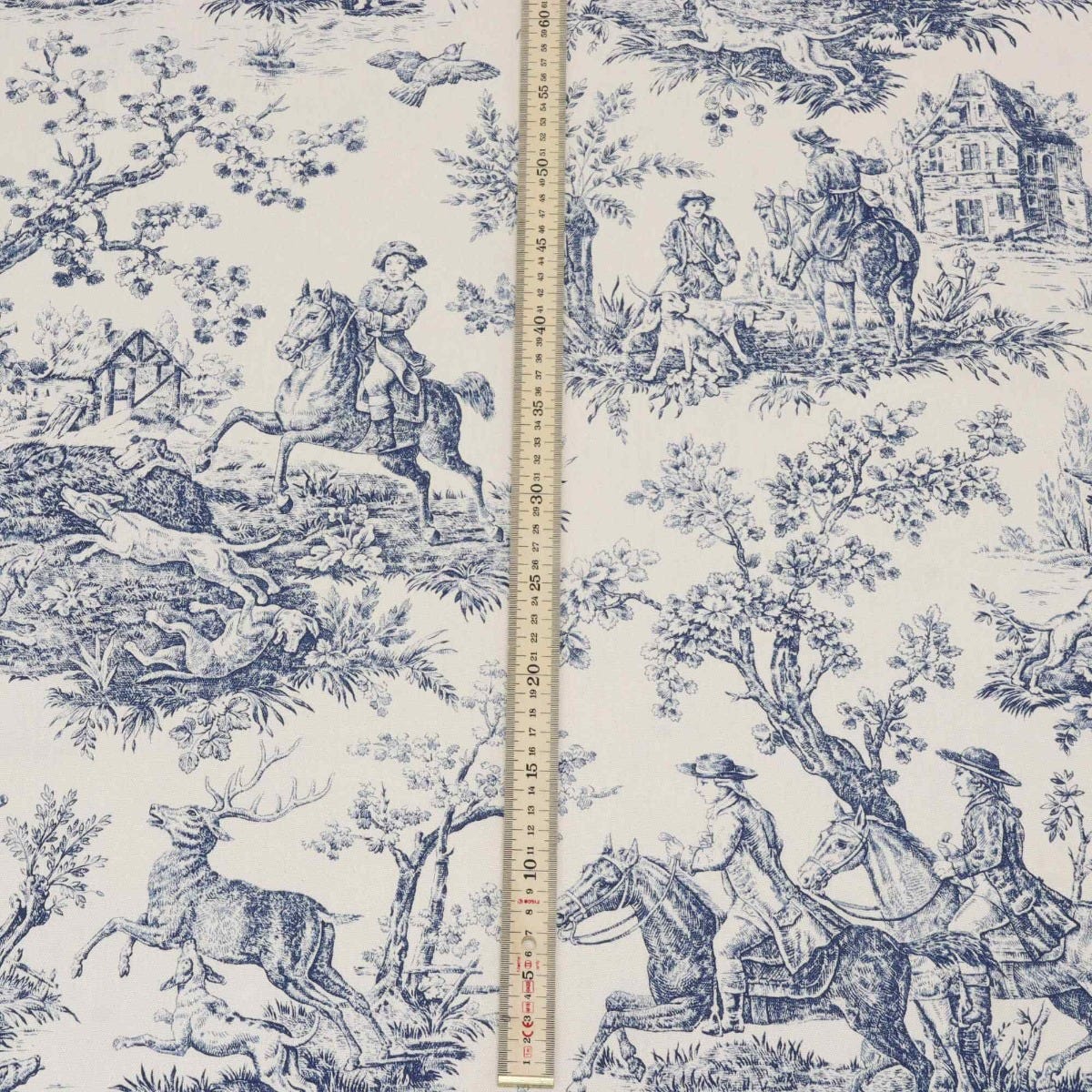 Double Width French Hunting Toile Blue On White Fabric - Image 5