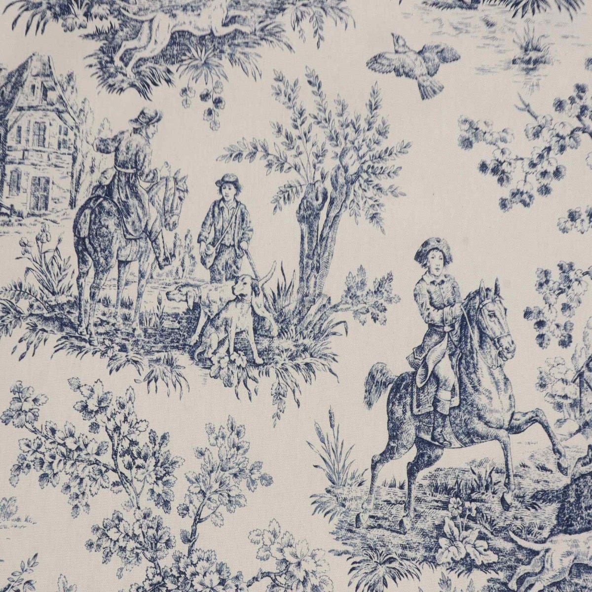 Double Width French Hunting Toile Blue On White Fabric - Image 6