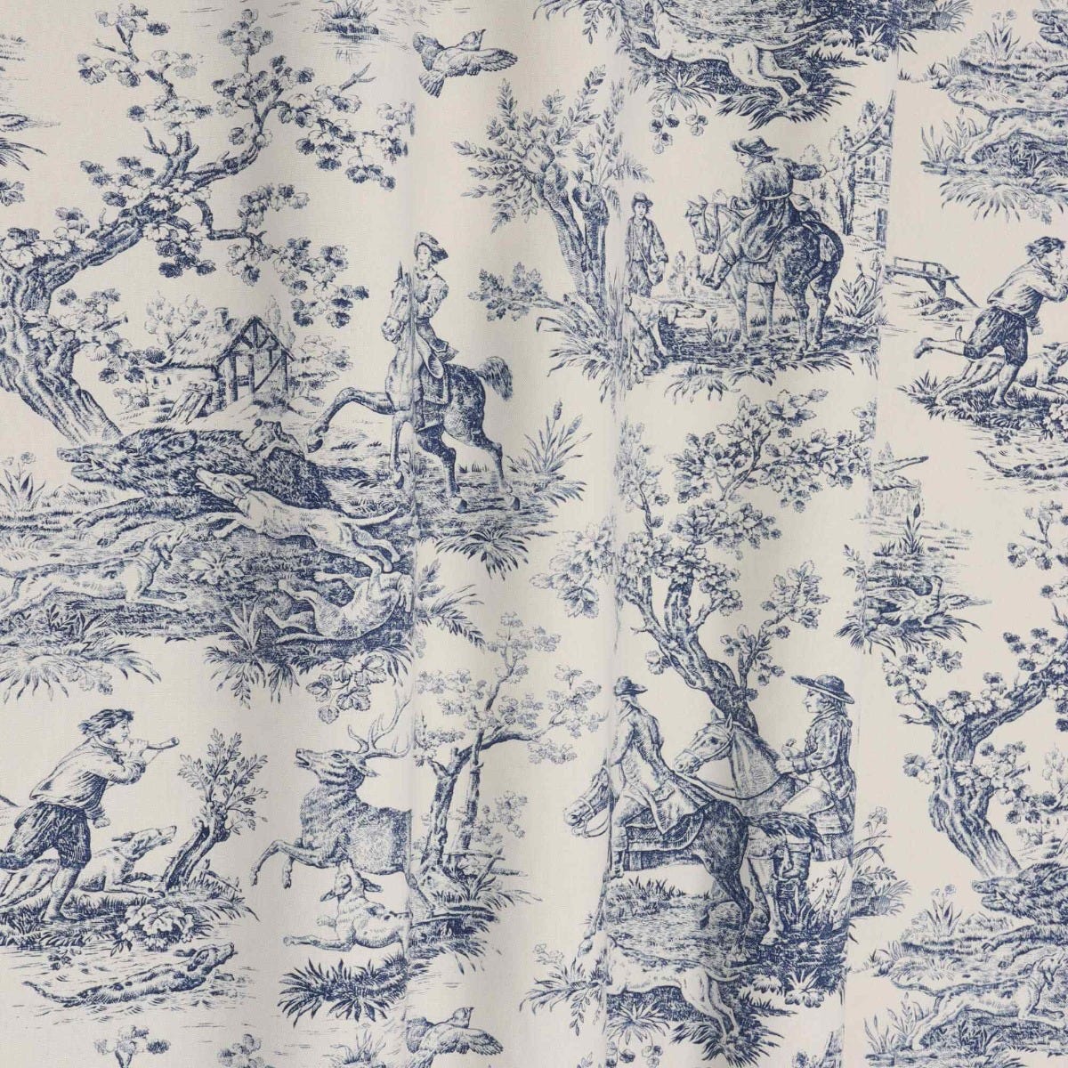 Double Width French Hunting Toile Blue On White Fabric - Image 7