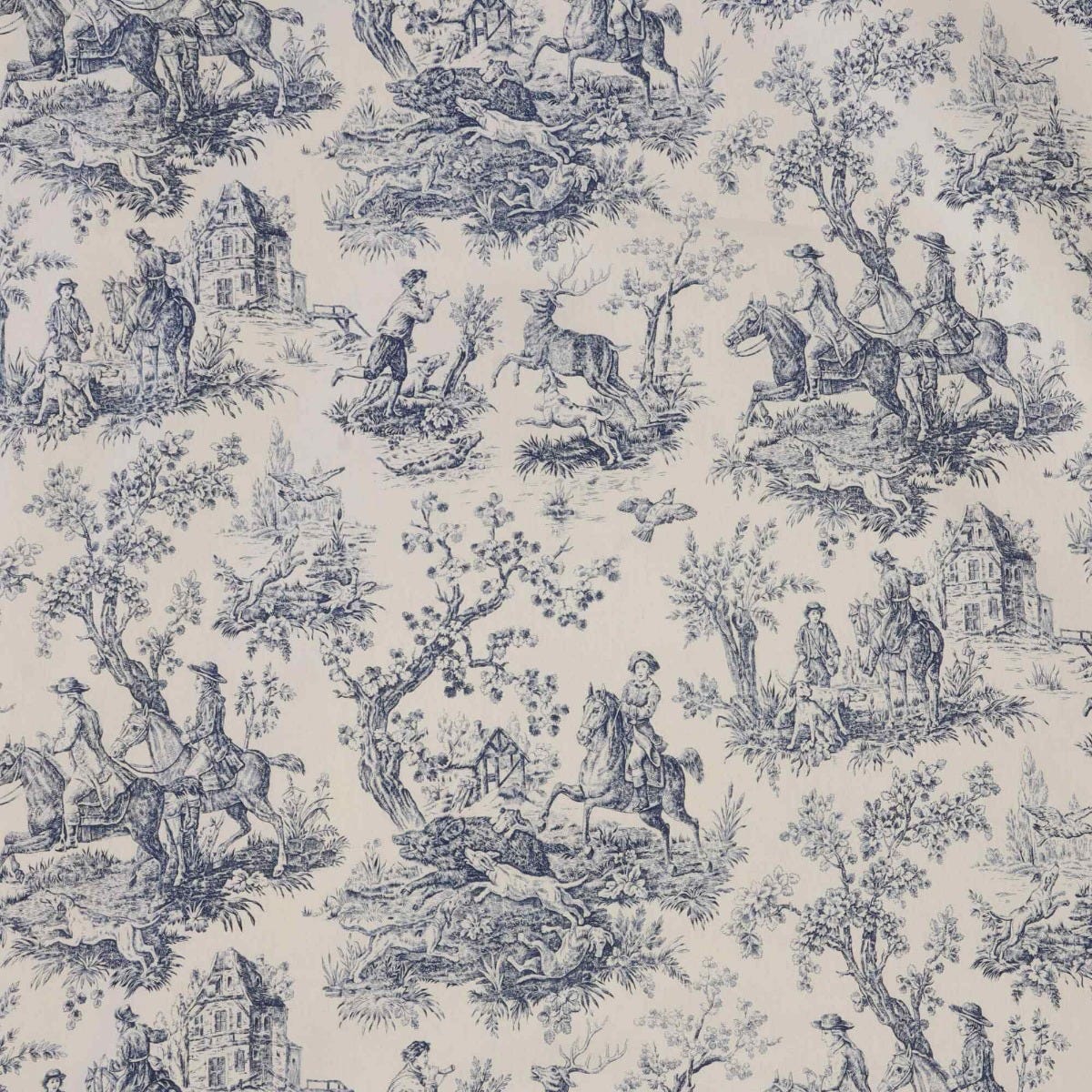 Double Width French Hunting Toile Blue On White Fabric - Image 8