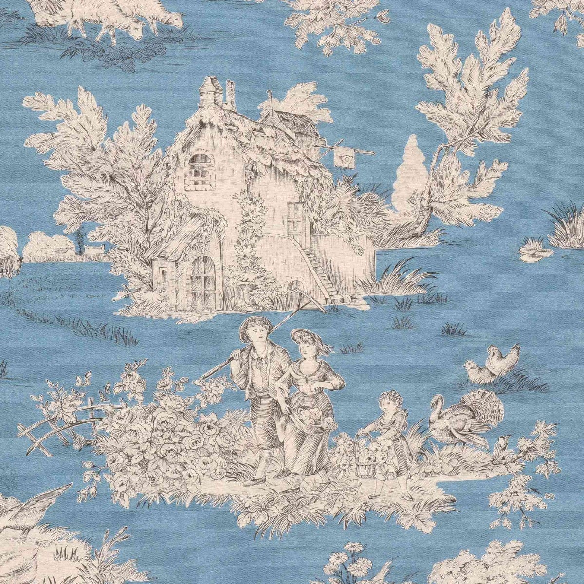 French Pastorale Toile Double Width Blue Fabric - Image 7