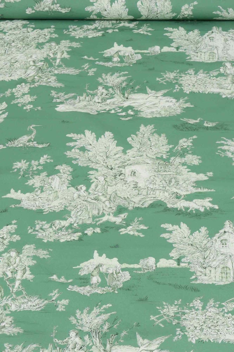 French Pastorale Toile Double Width Fabric Green - Image 2