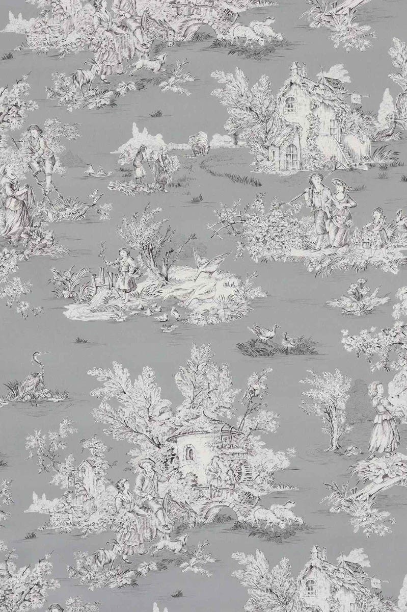 French Pastorale Toile in Grey Double Width Fabric