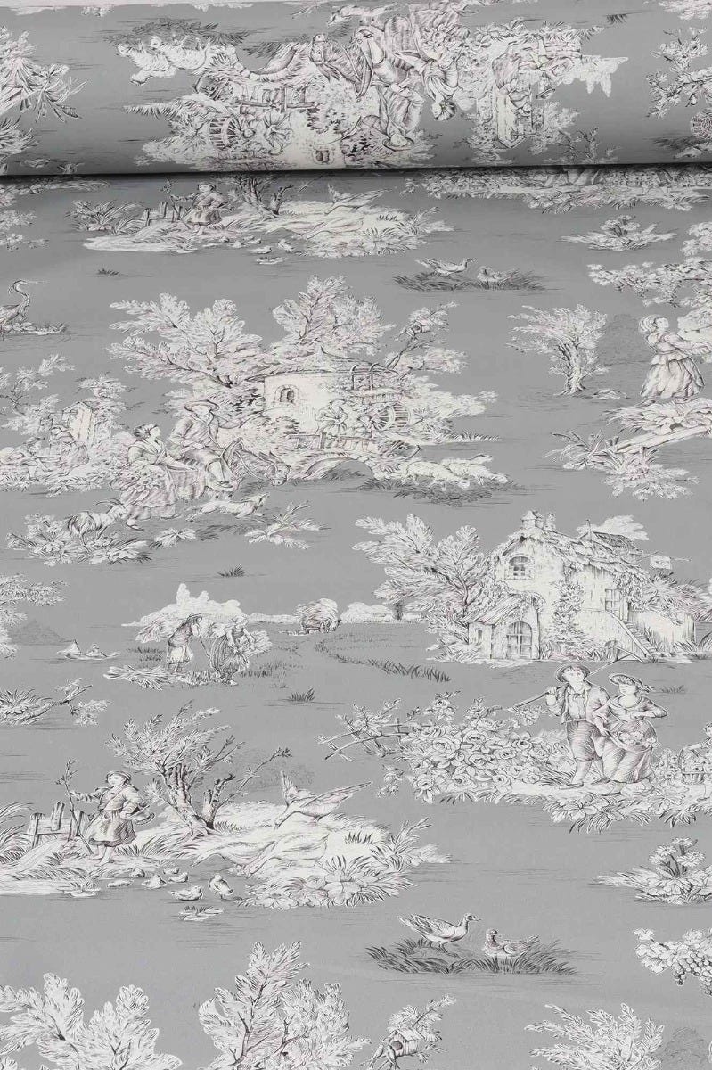 French Pastorale Toile in Grey Double Width Fabric - Image 2