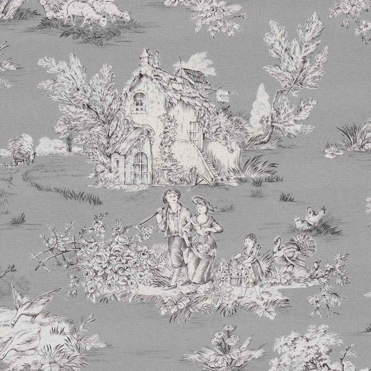 French Pastorale Toile in Grey Double Width Fabric - Image 6