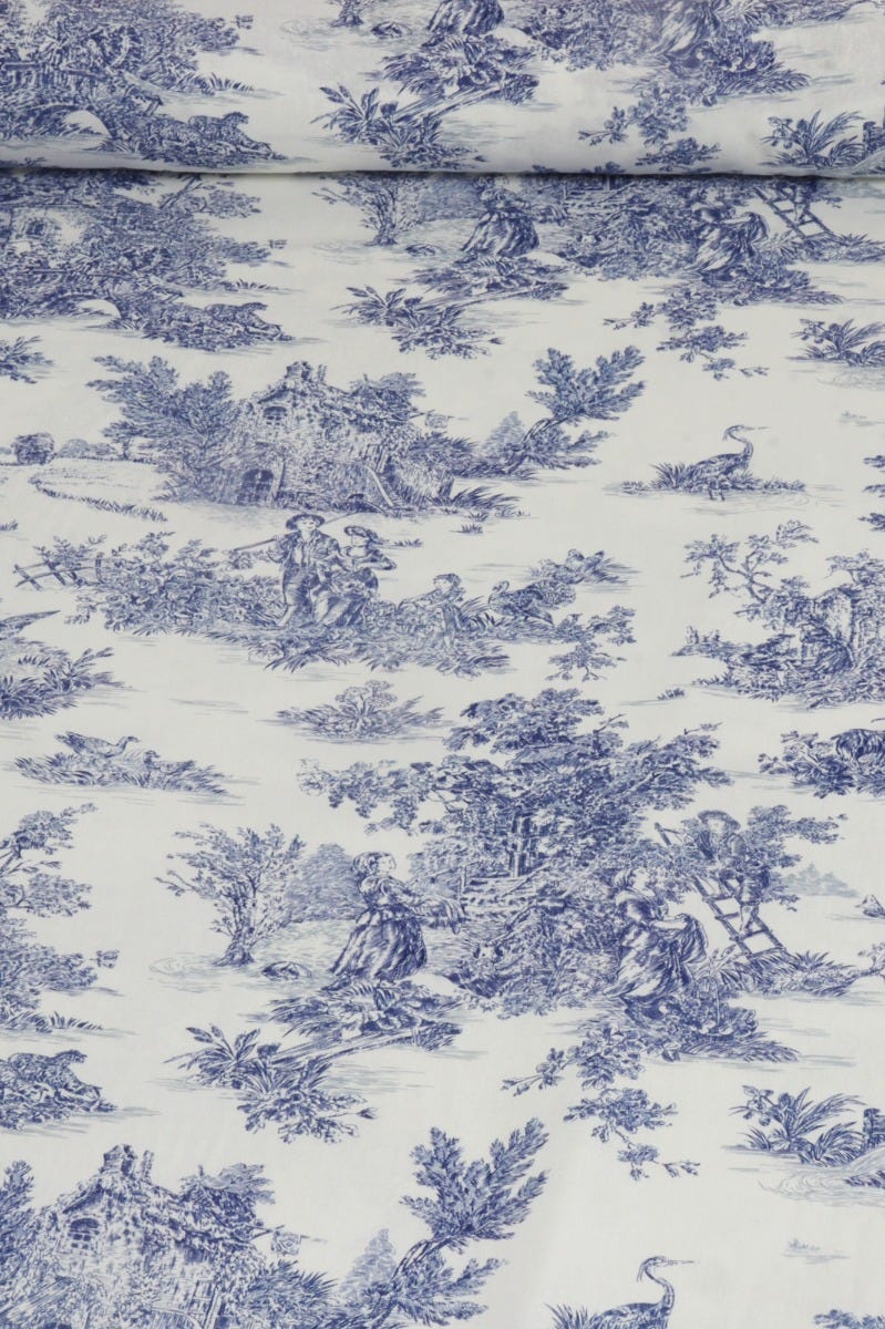 French Toile De Jouy 100% Cotton in Blue Fabric - Image 2