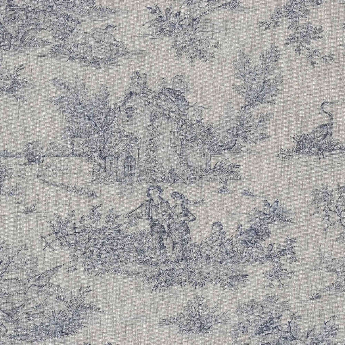 French Toile De Jouy Linen Blue Fabric - Image 6