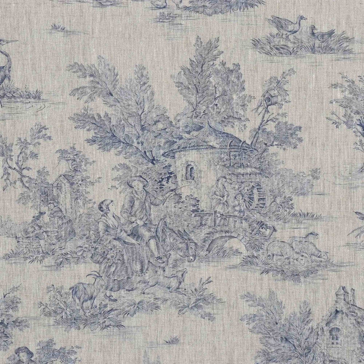 French Toile De Jouy Linen Blue Fabric - Image 7