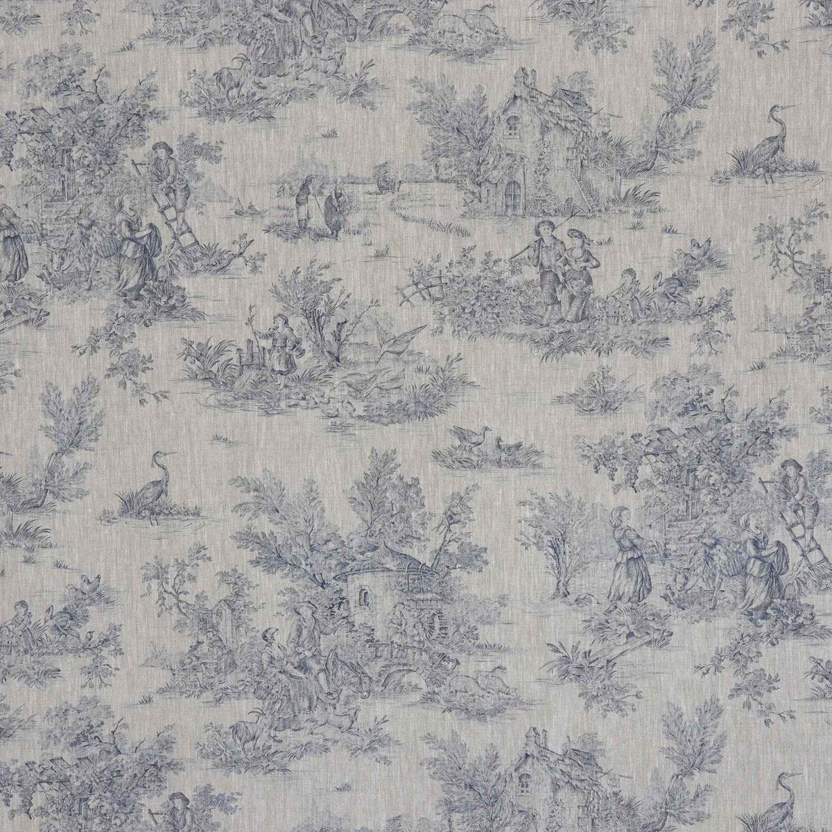 French Toile De Jouy Linen Blue Fabric - Image 9