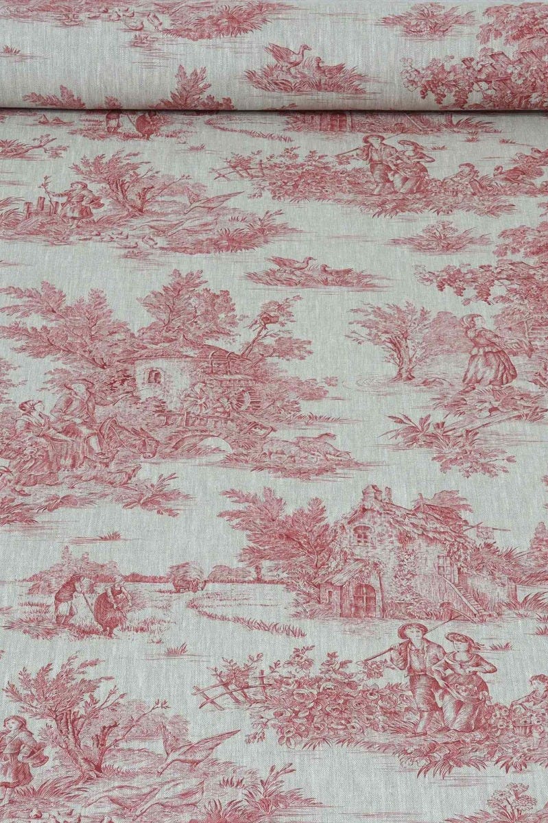 French Toile De Jouy Linen Red Fabric - Image 2