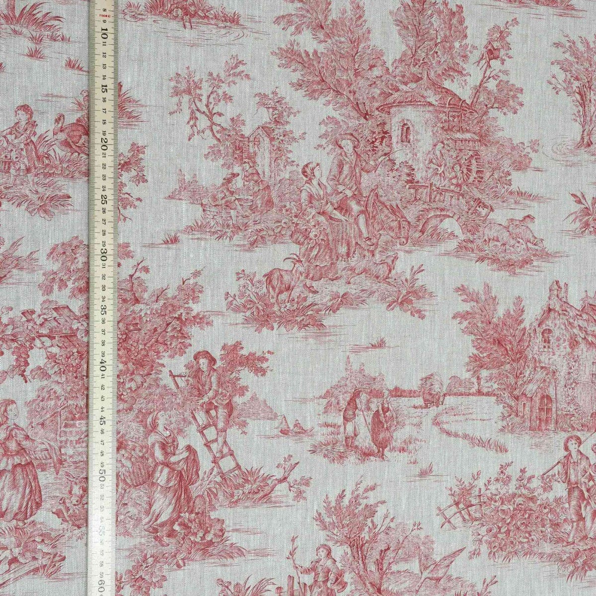 French Toile De Jouy Linen Red Fabric - Image 5