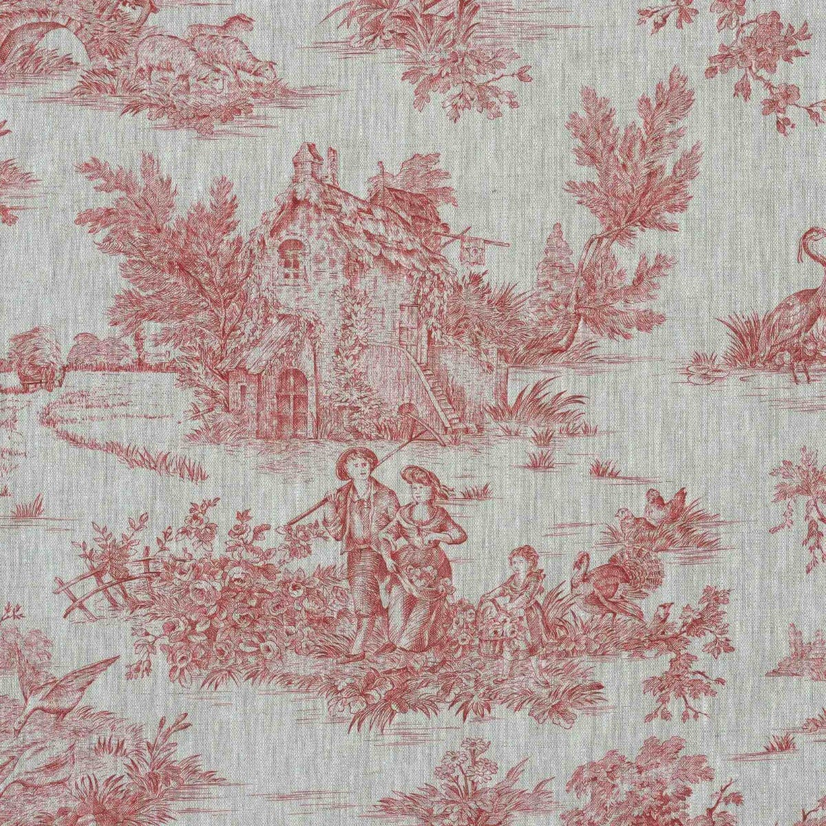 French Toile De Jouy Linen Red Fabric - Image 6