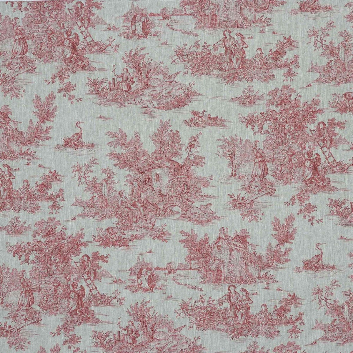 French Toile De Jouy Linen Red Fabric - Image 9