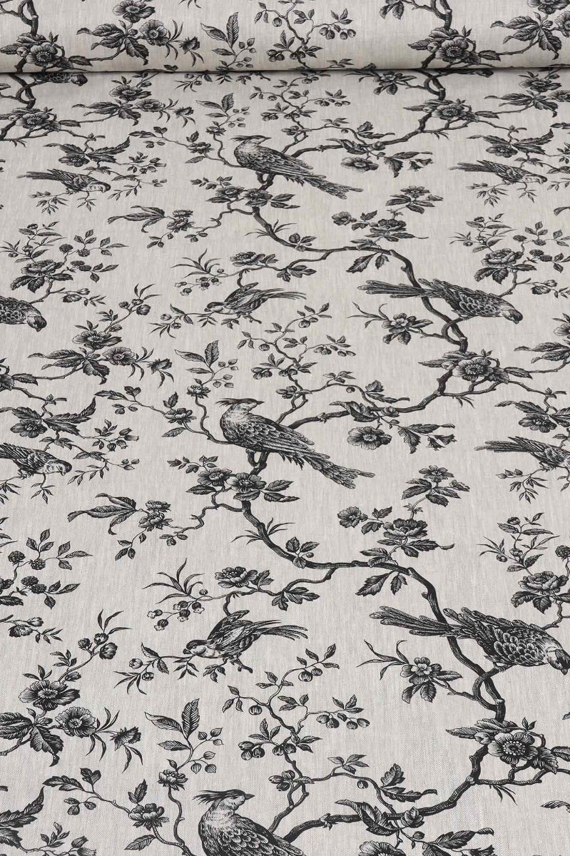 Isabelle Bird Charcoal Toile Linen Fabric - Image 2