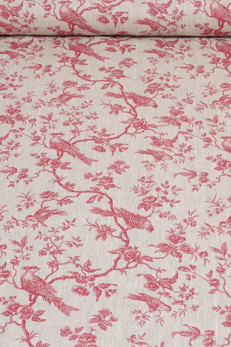 Isabelle Bird Raspberry Toile Linen Fabric - Image 2