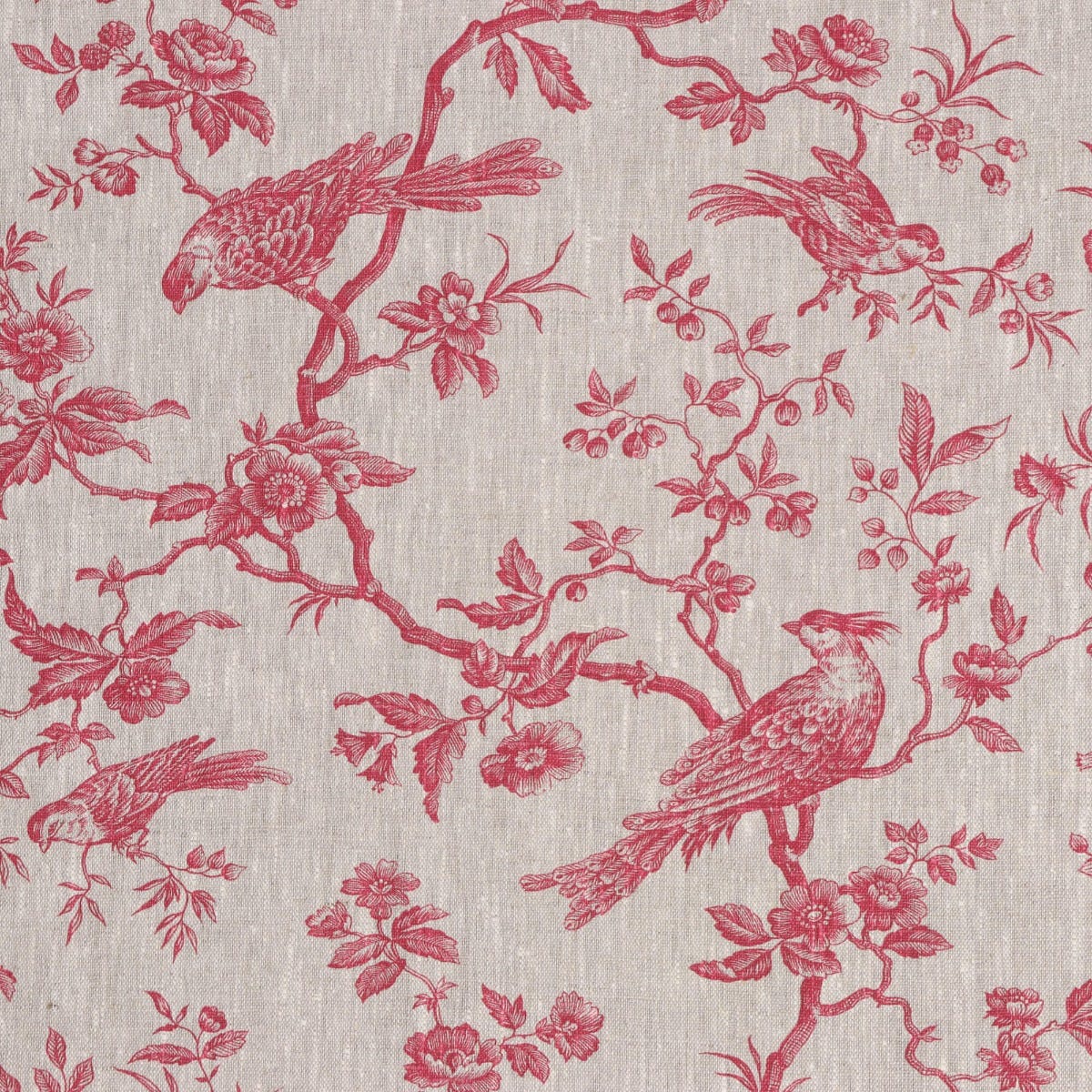 Isabelle Bird Raspberry Toile Linen Fabric - Image 4