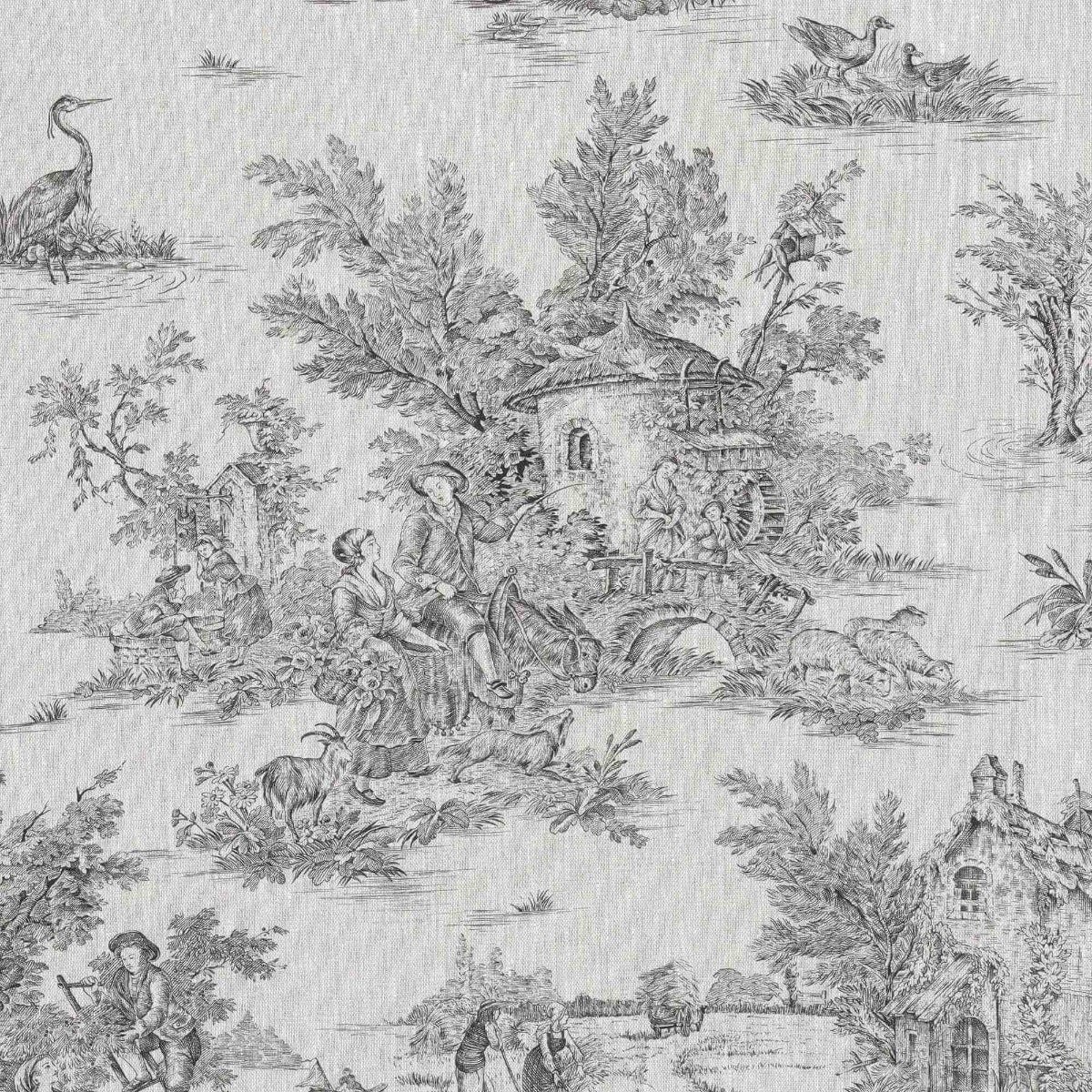 Linen Toile De Jouy Charcoal Fabric - Image 7