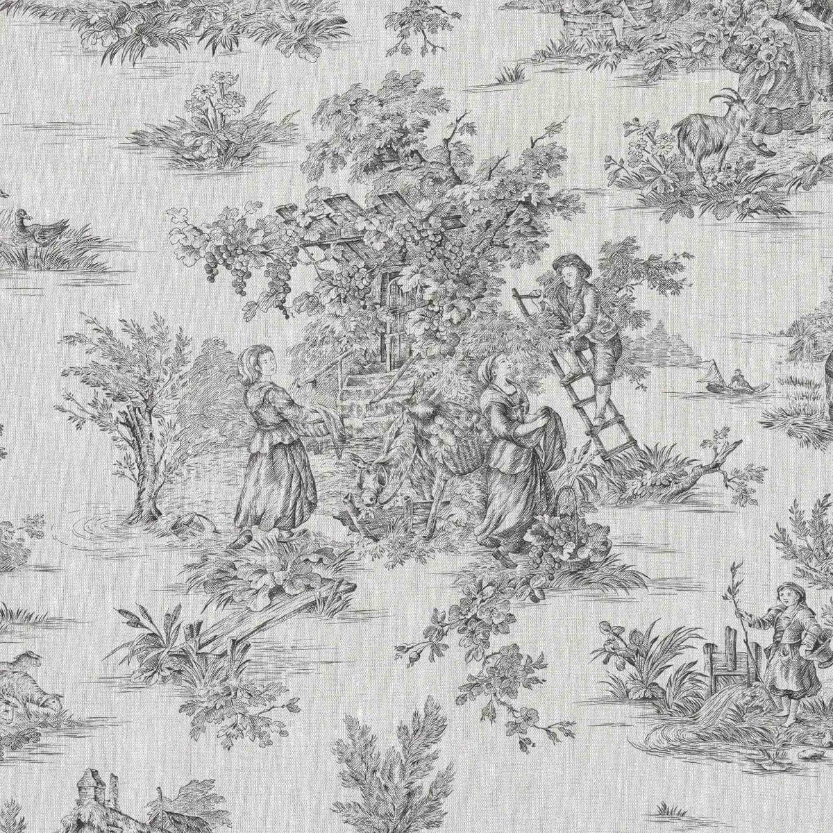 Linen Toile De Jouy Charcoal Fabric - Image 8