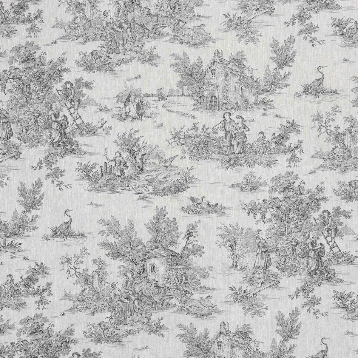 Linen Toile De Jouy Charcoal Fabric - Image 9