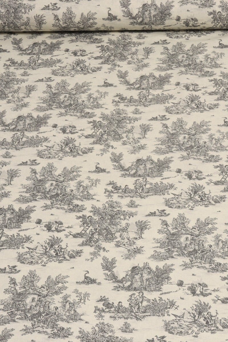 Mini French Toile De Jouy Charcoal 160cm Fabric - Image 2