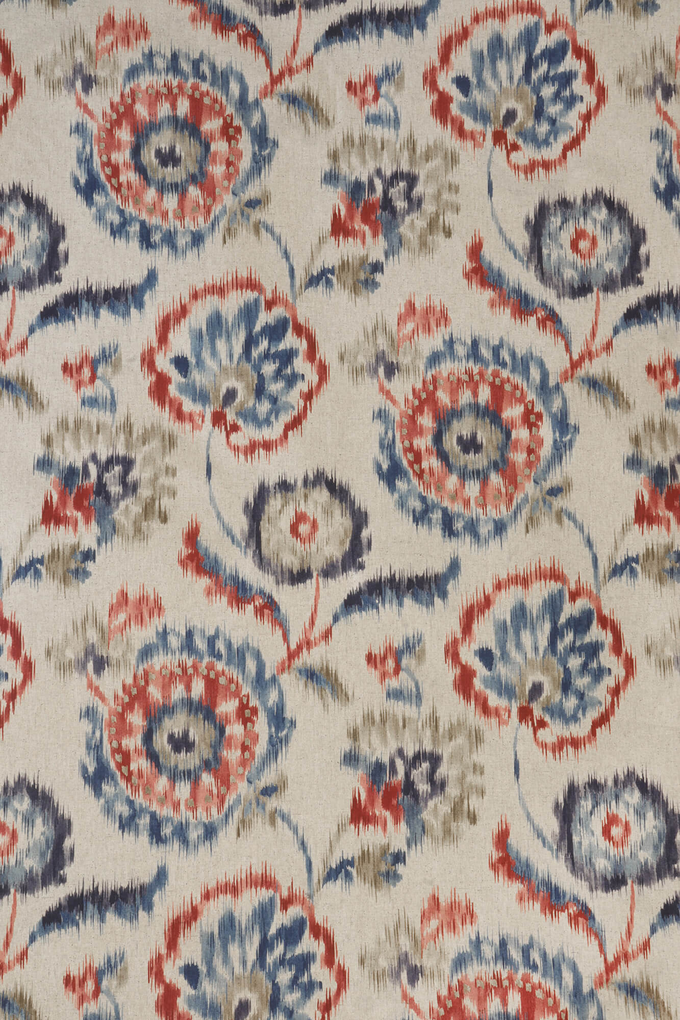 Sora Ikat Floral Double Width Indigo Coral Fabric