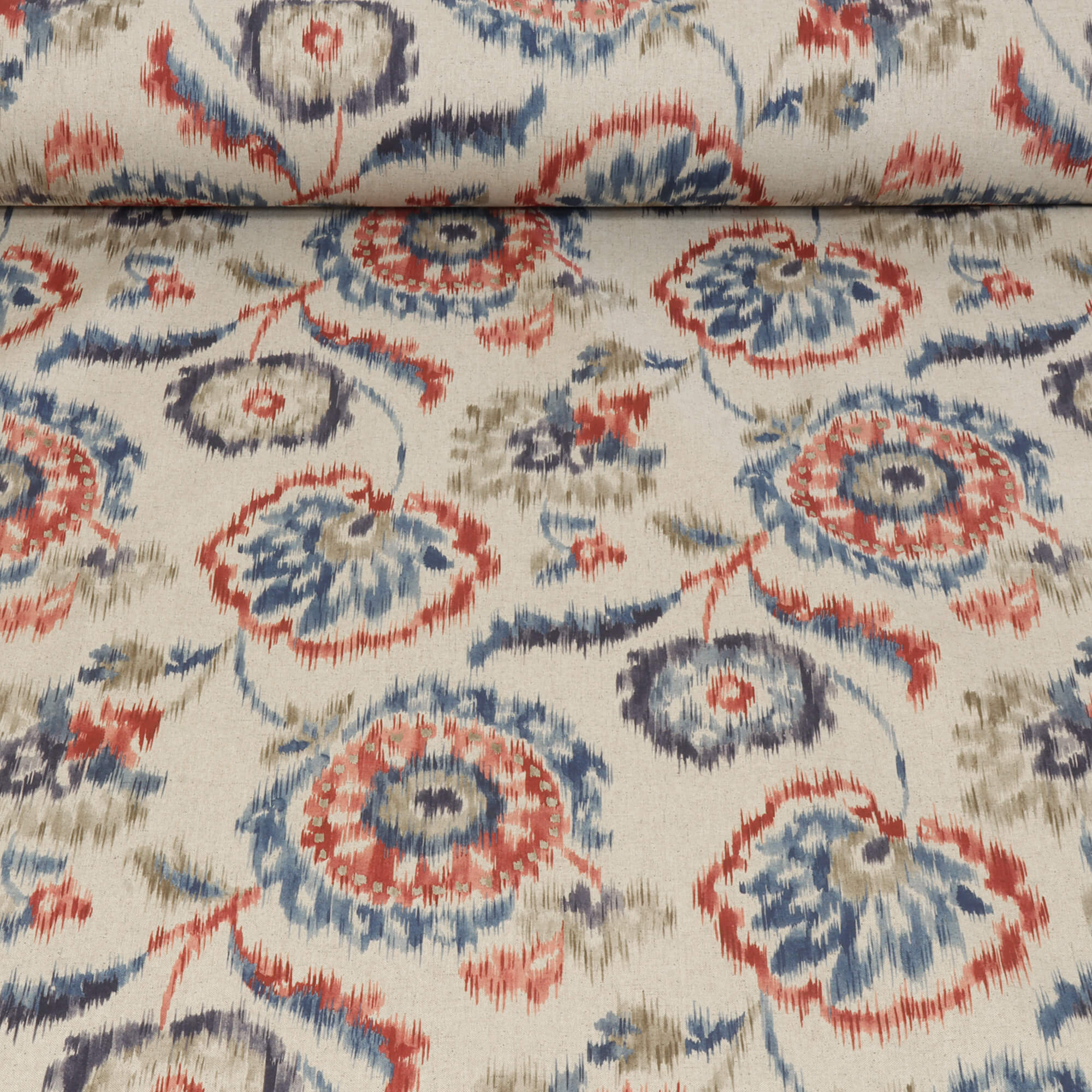 Sora Ikat Floral Double Width Indigo Coral Fabric - Image 2