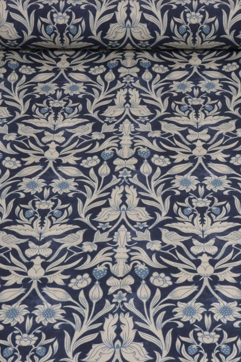 Strawberry Bird Cotton Indigo Fabric - Image 2