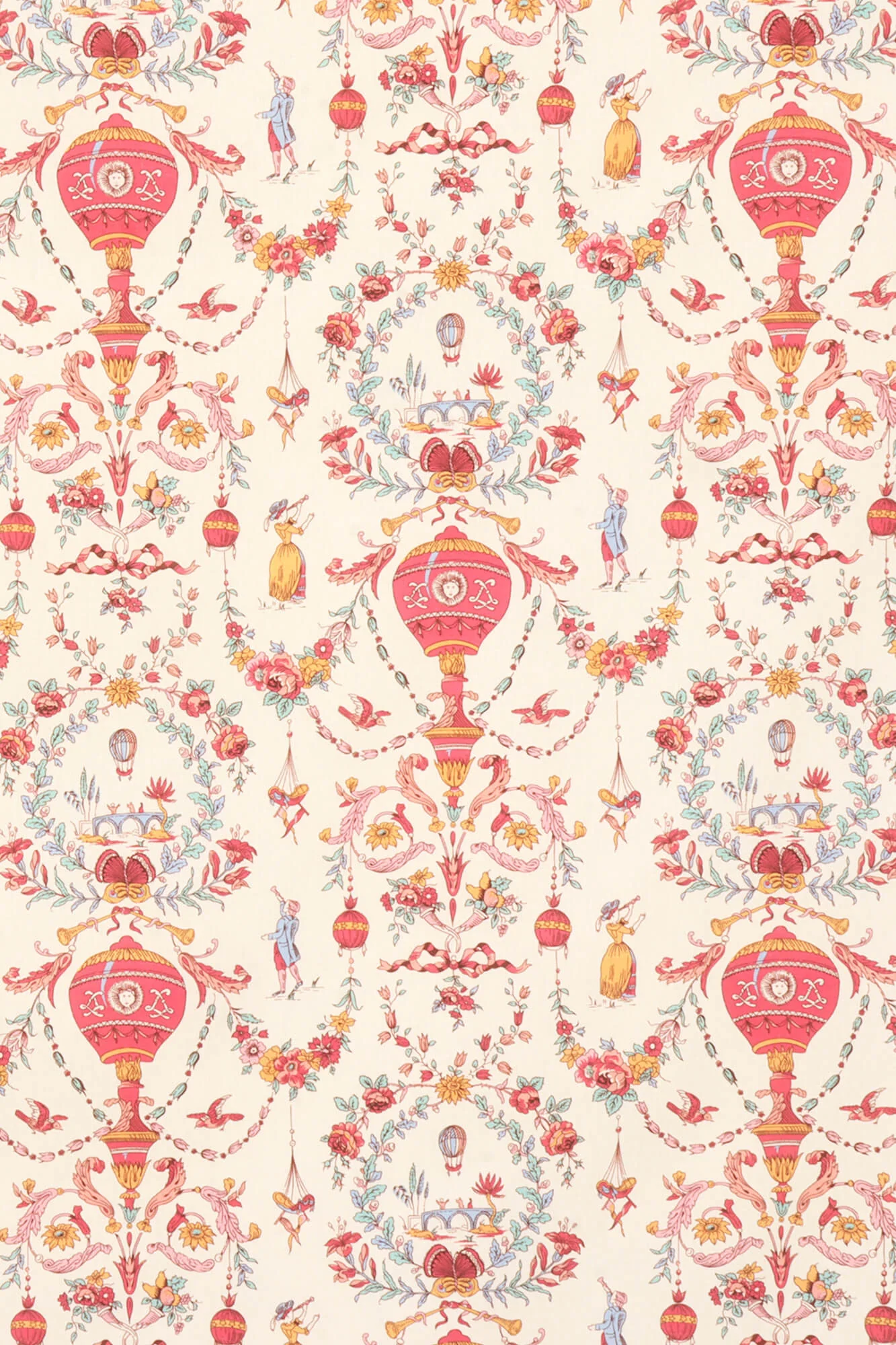 Village Parade Toile Pink On Ivory Double Width Fabric